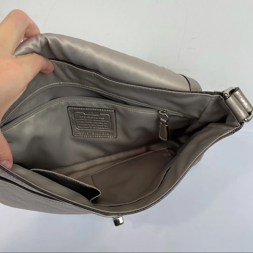 Coach Park Leather Flap Shoulder Bag Metallic Silver